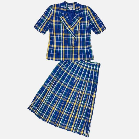 PendletonVintage Blue Green Yellow Plaid SS Blazer Pleated Midi Skirt Suit